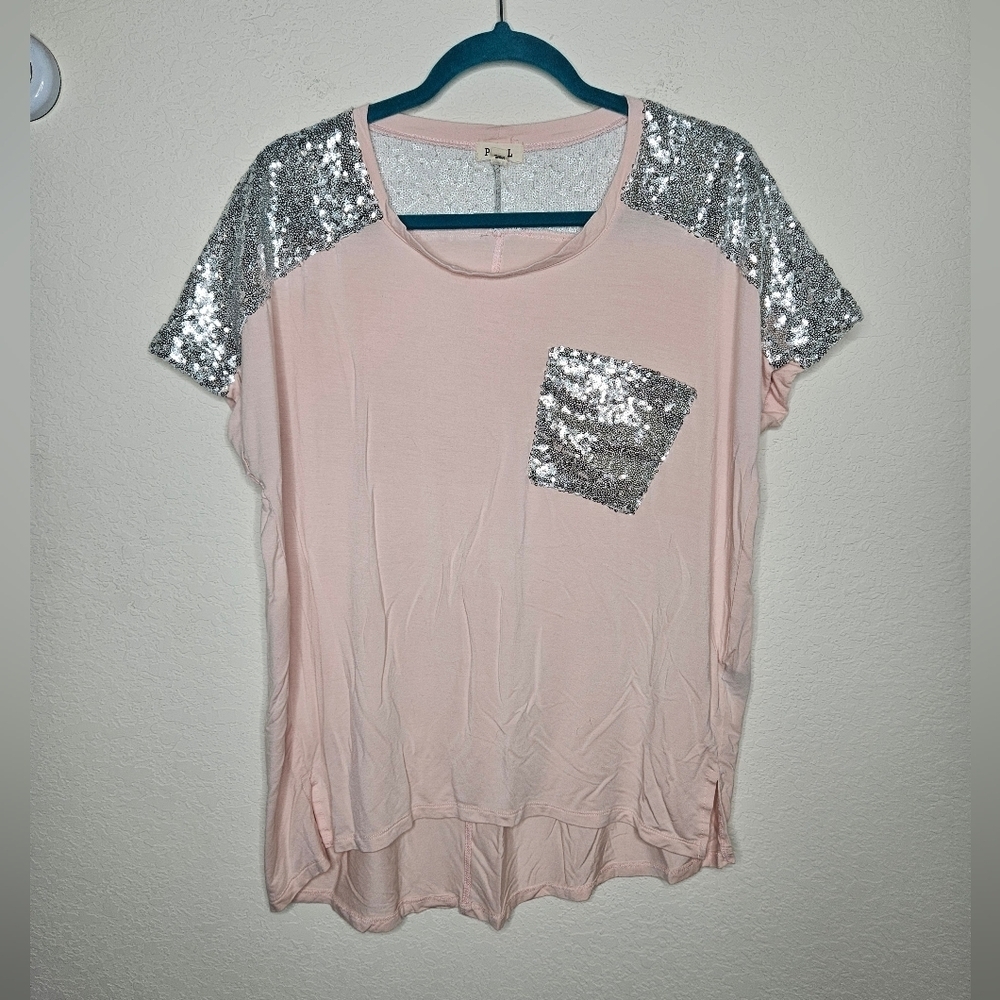 NWOT POL Baby Pink Silver Sequin Shoulder Oversized Rolled Cap Sleeve Hi-low Top